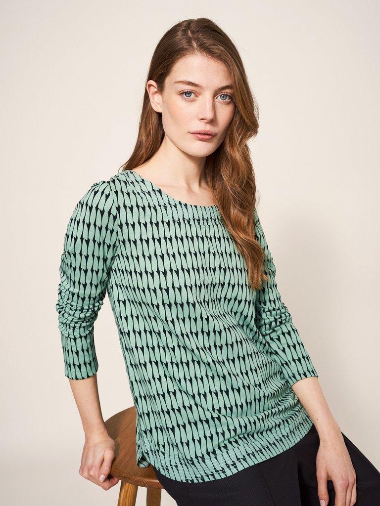 LONG SLEEVE WEAVER TEE in GREEN MULTI | White Stuff