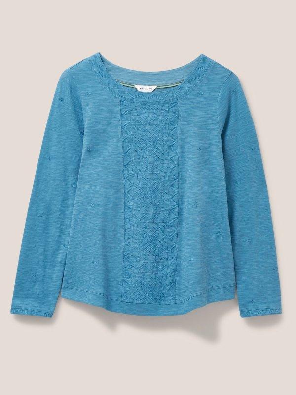 LONG SLEEVE EMBROIDERED WEAVER in DK BLUE - FLAT FRONT