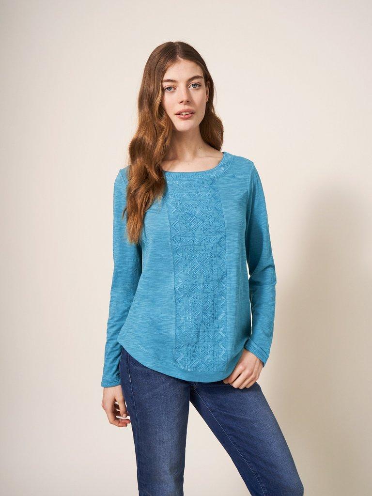 LONG SLEEVE EMBROIDERED WEAVER in DK BLUE - LIFESTYLE