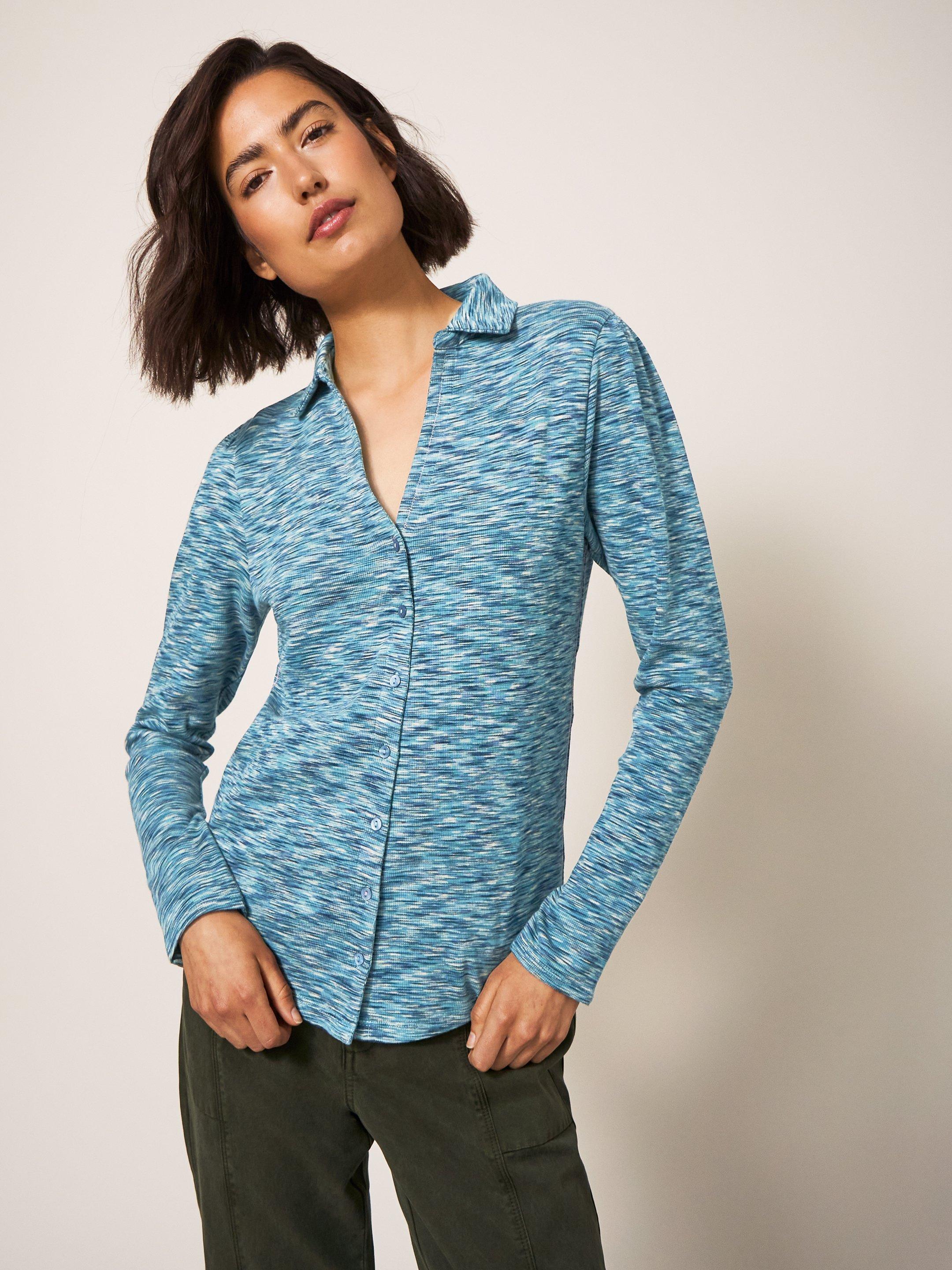 Rosie Ribbed Jersey Shirt in TEAL MLT - MODEL DETAIL