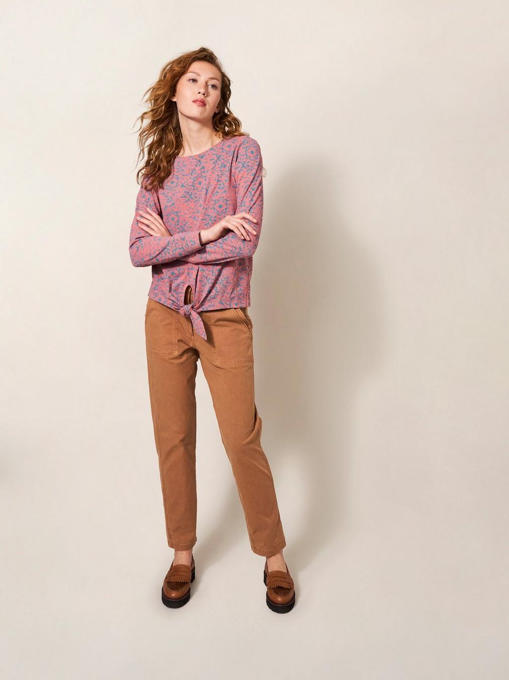 TIE HEM CREW NECK TOP in PINK PR - MODEL FRONT