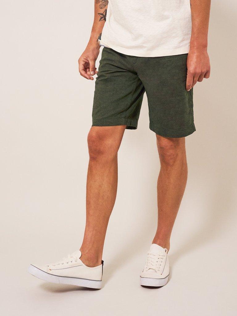 Linen Blend Short in KHAKI GRN - MODEL FRONT