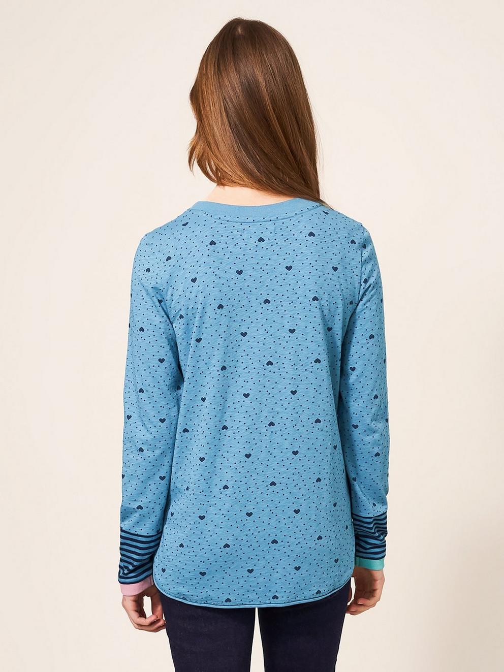 Cassie Print Fairtrade Tee in TEAL PR - MODEL BACK