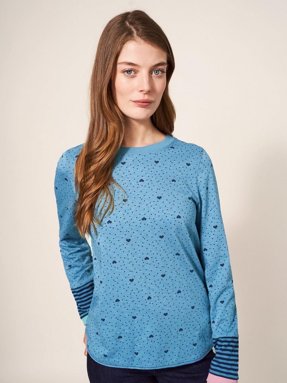 Cassie Print Fairtrade Tee in TEAL PR - MODEL DETAIL