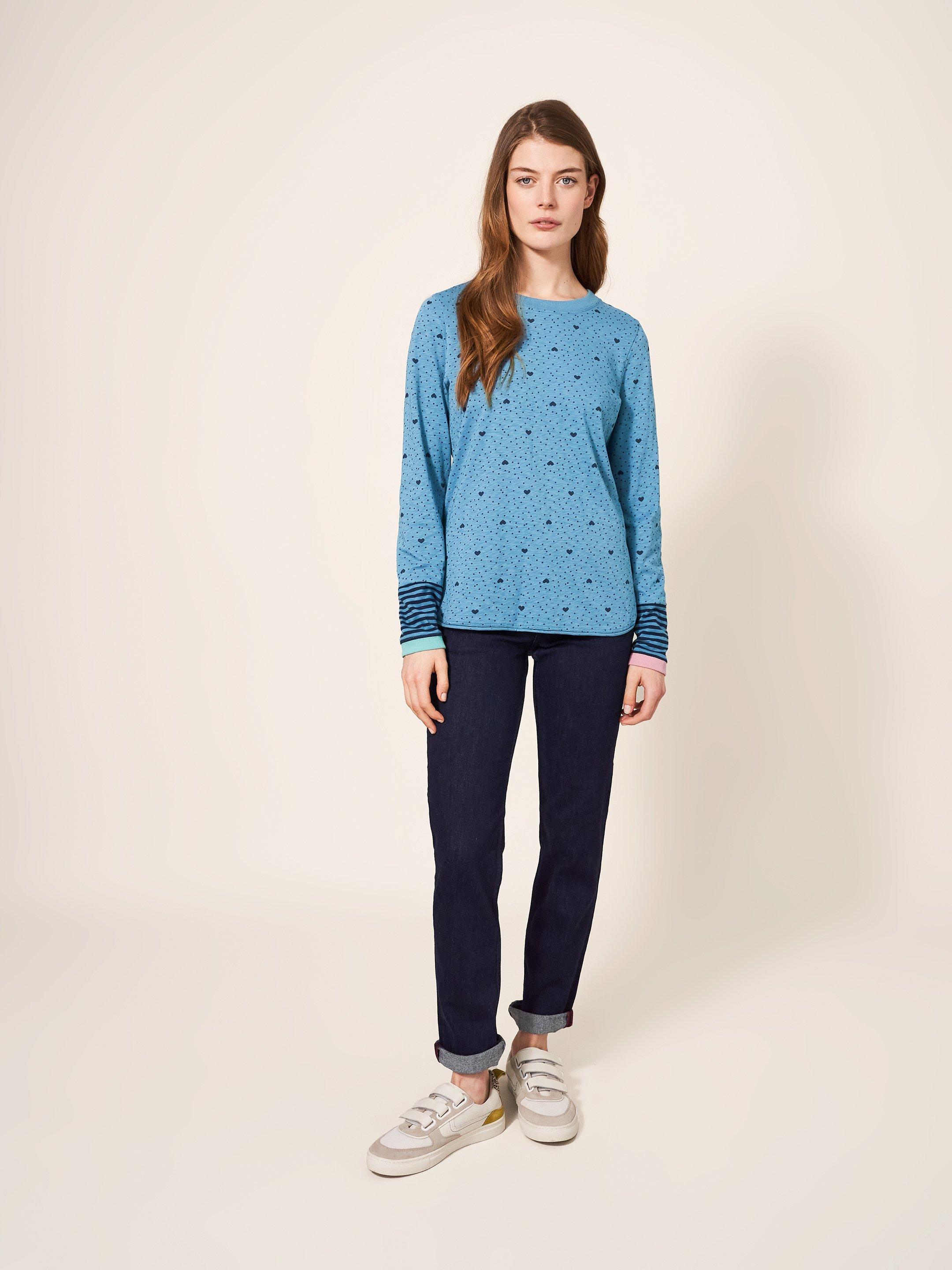 Cassie Print Fairtrade Tee in TEAL PR - MODEL FRONT