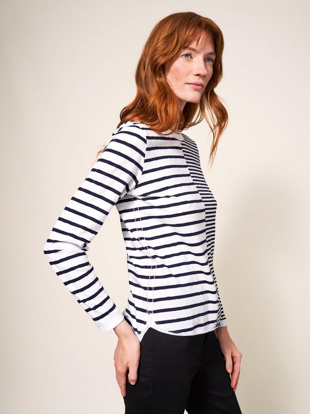 Cassie Stripy Tee in NAVY MULTI - MODEL DETAIL