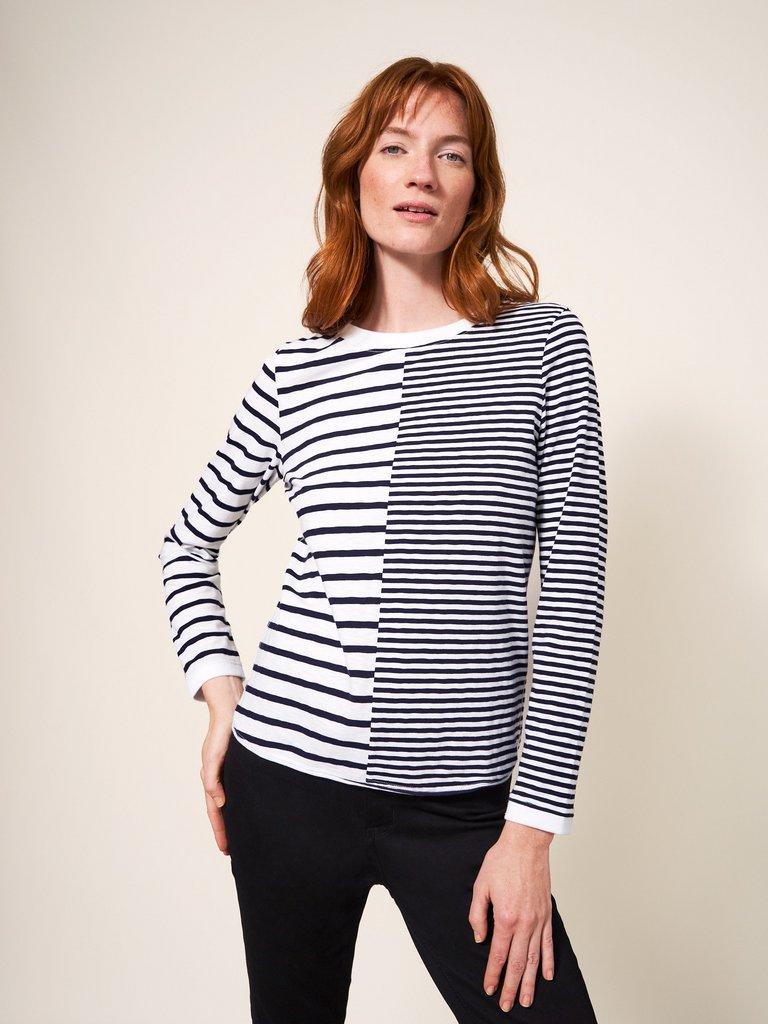 Cassie Stripy Tee in NAVY MULTI - MODEL FRONT