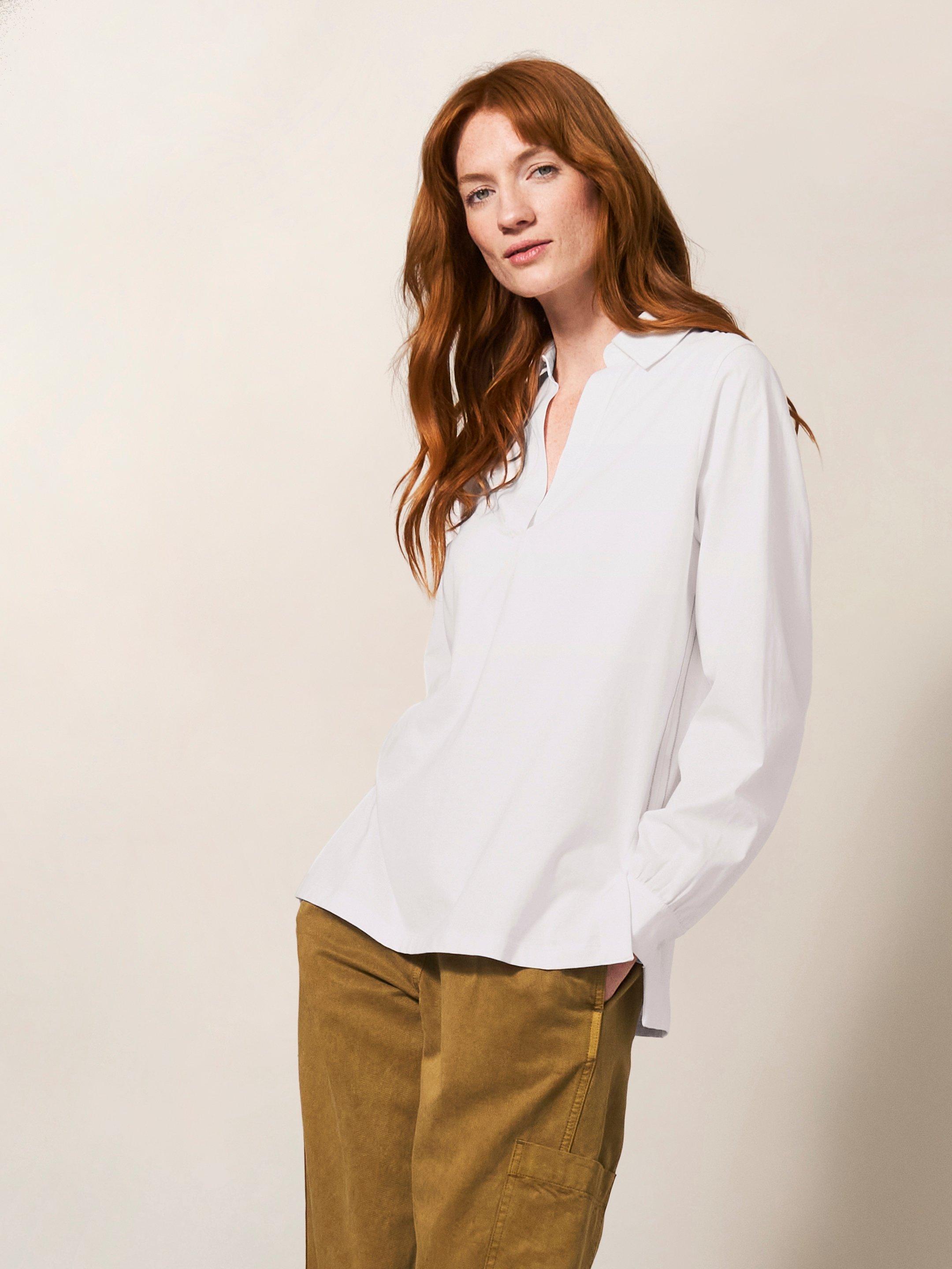 Fran Long Sleeve Shirt in BRIL WHITE - MODEL FRONT