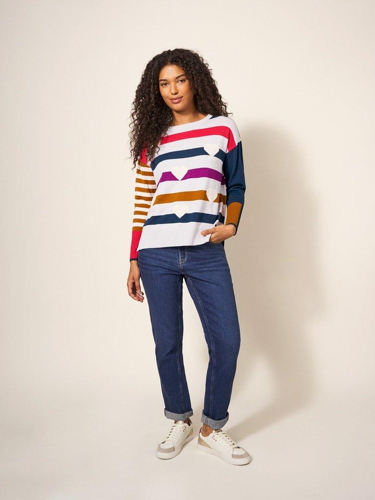 OLIVE HEART CREW NECK JUMPER in GREY MLT - MODEL DETAIL