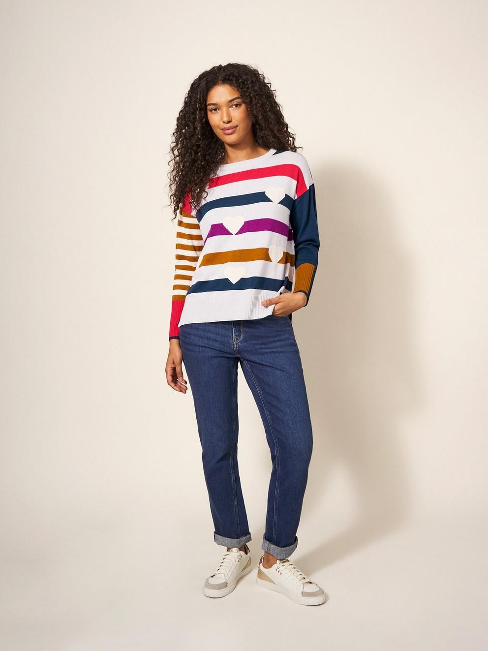OLIVE HEART CREW NECK JUMPER in GREY MLT - MODEL DETAIL