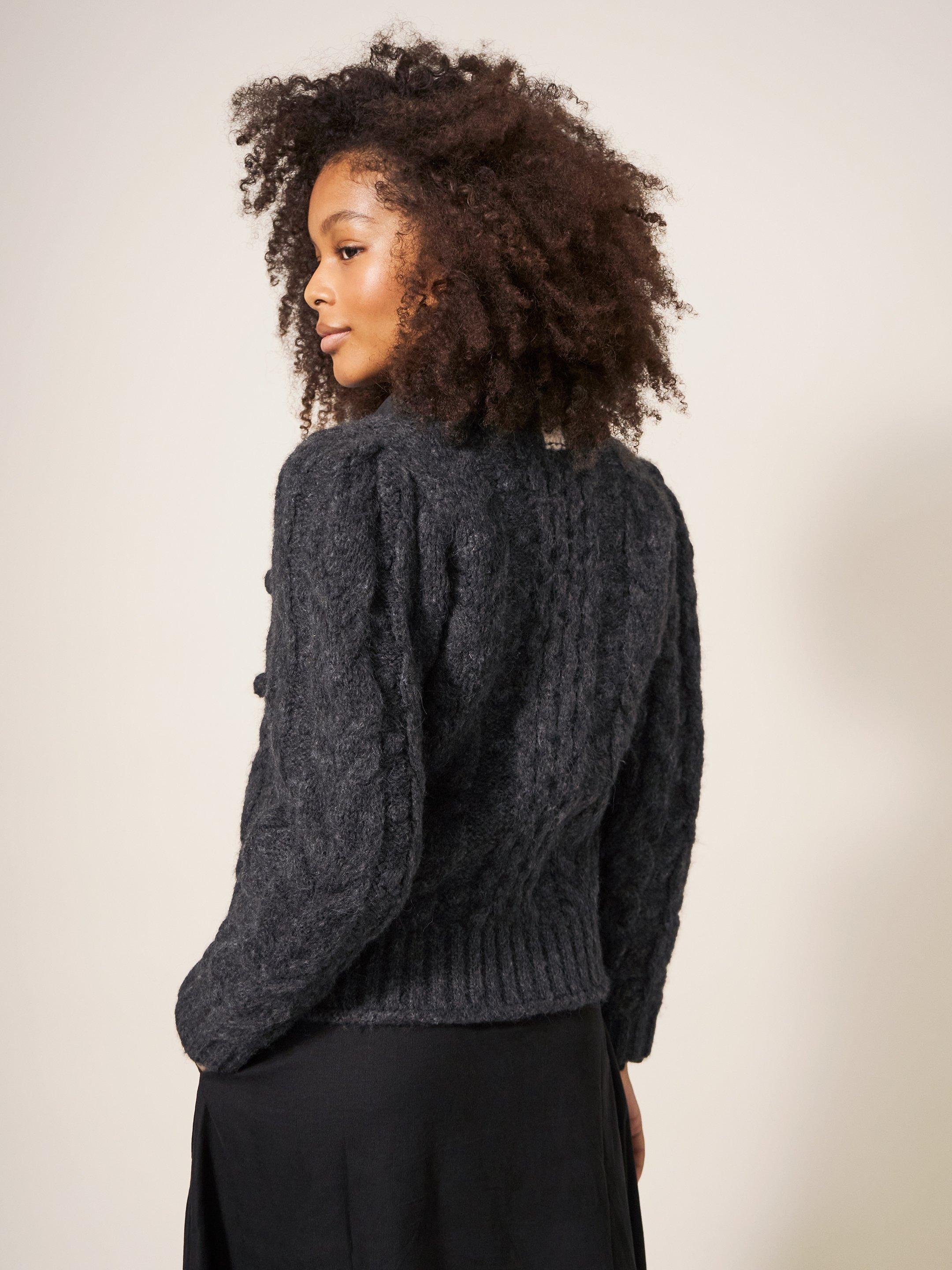 CABLE CARDI in DK GREY - MODEL BACK