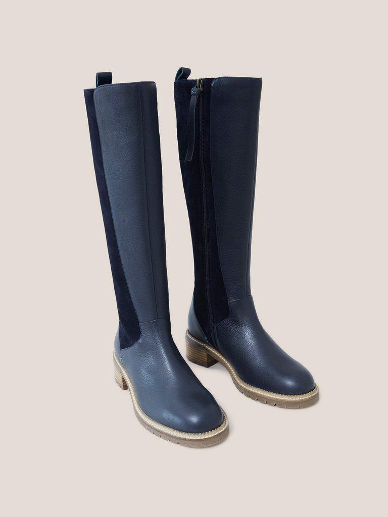 Leather Serena Knee High Boot in DARK NAVY - FLAT FRONT