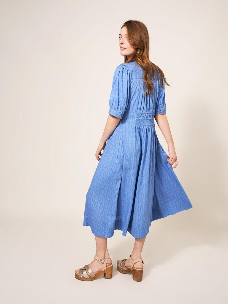 Celeste Cotton Dress in MID BLUE - MODEL BACK