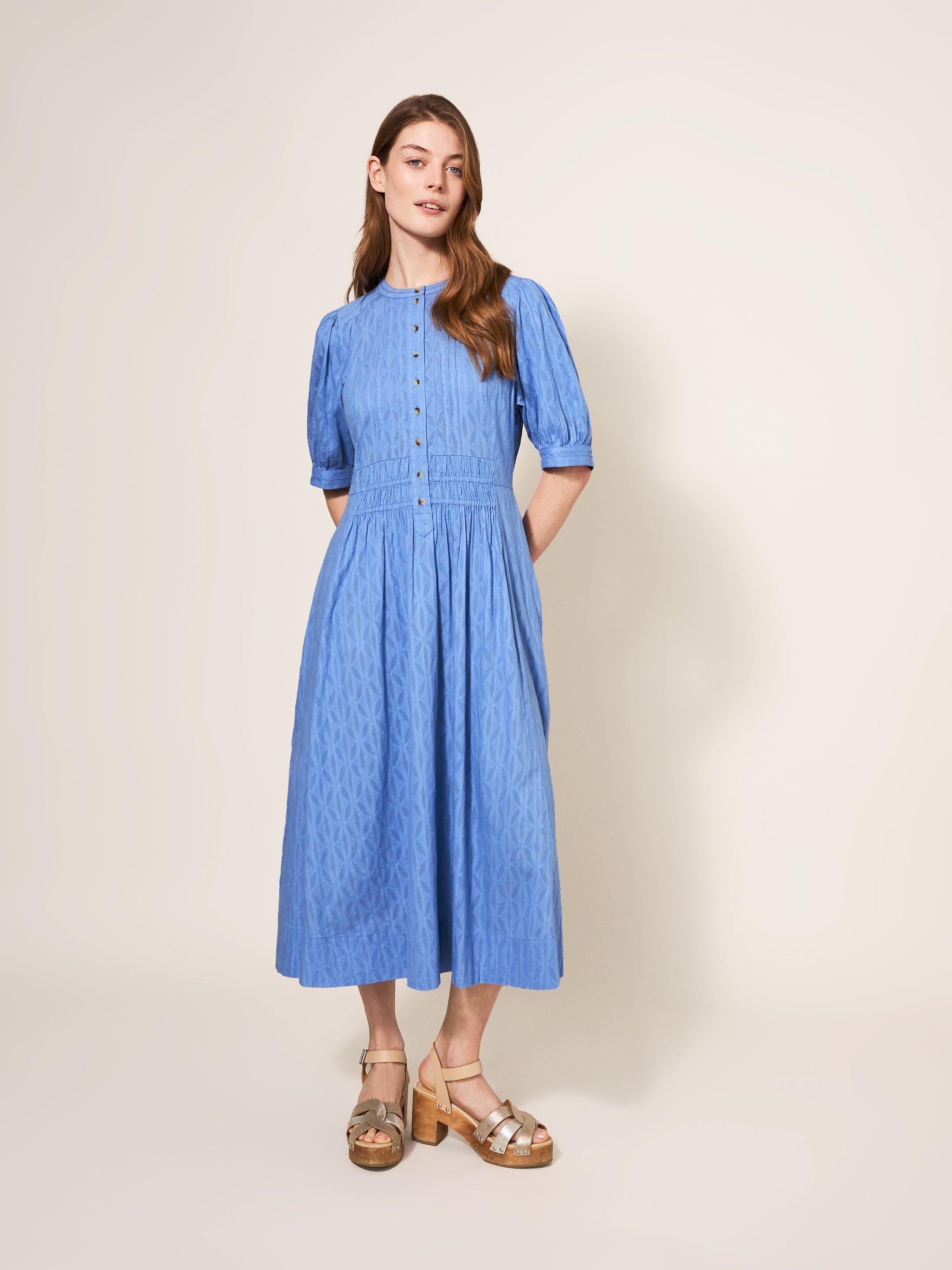 Celeste Cotton Dress in MID BLUE - MODEL FRONT