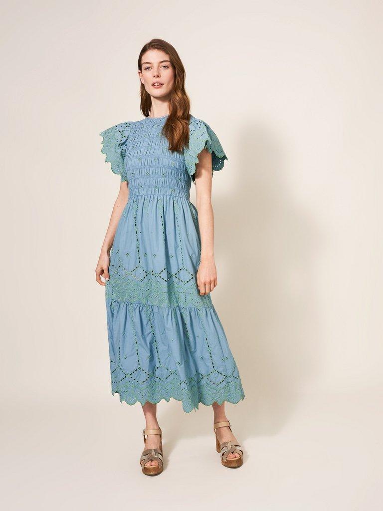 Jolene Broderie Midi Dress in GREEN MLT - MODEL FRONT