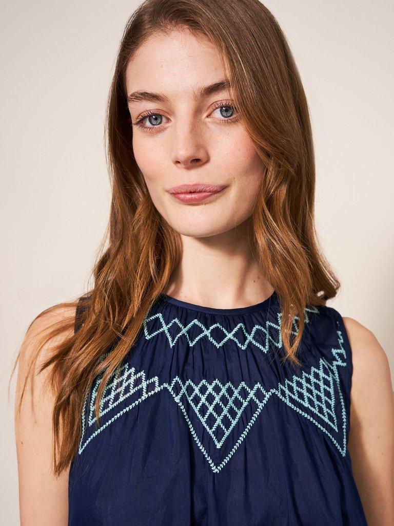 Esme Cotton Silk Vest in NAVY MULTI - MODEL DETAIL