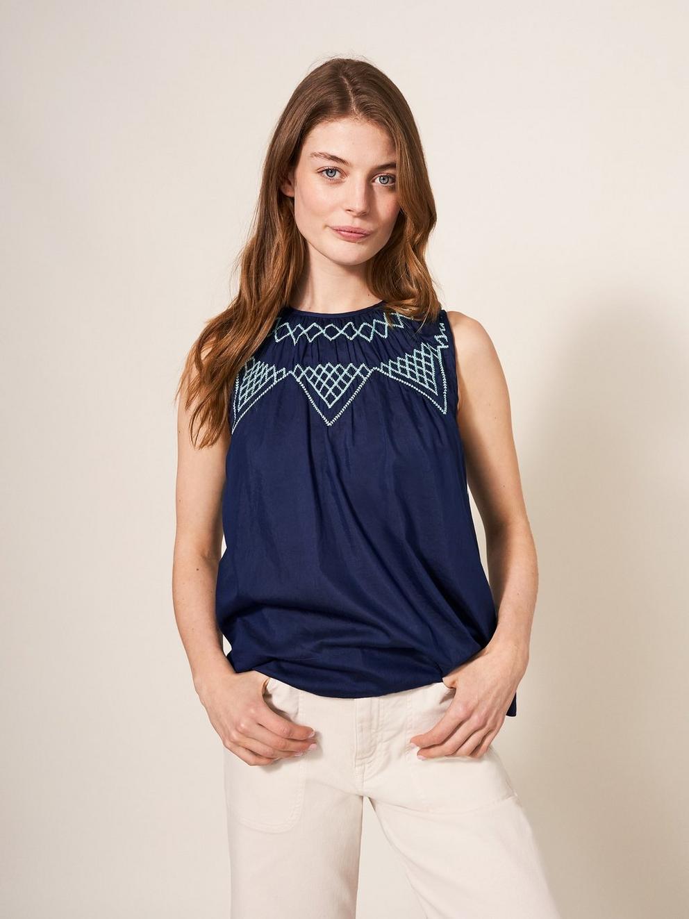 Esme Cotton Silk Vest in NAVY MULTI - MODEL FRONT