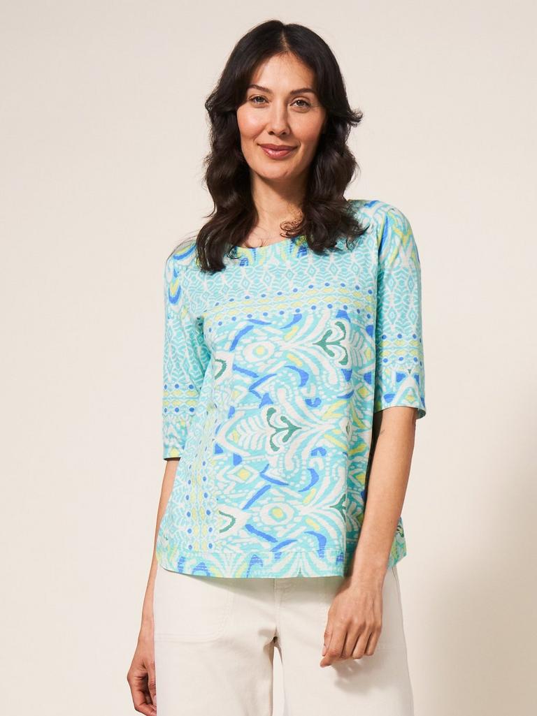 Weaver Cotton Jersey Tee in TEAL MULTI | White Stuff