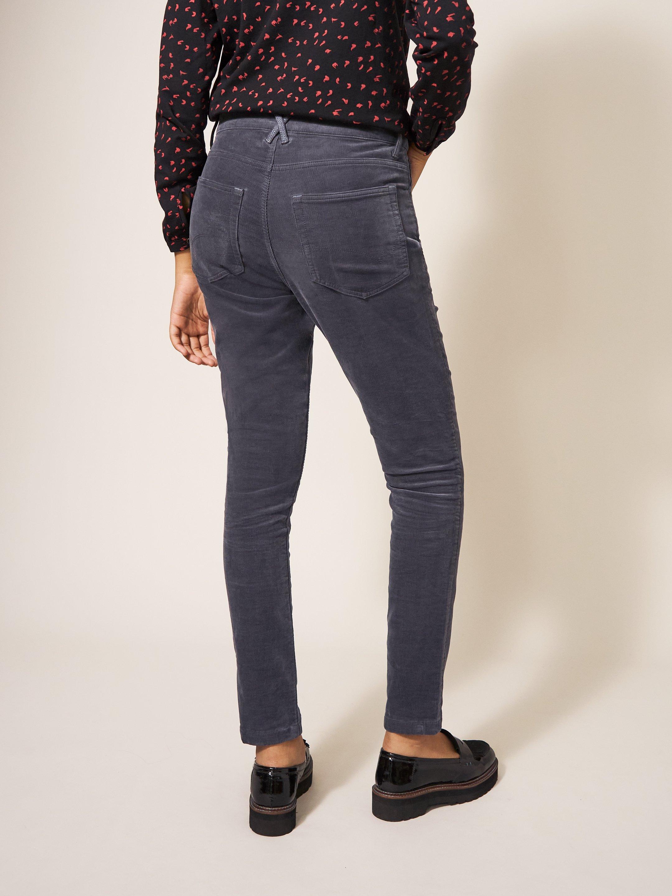 Amelia Skinny Cord Trouser in MID GREY - MODEL BACK