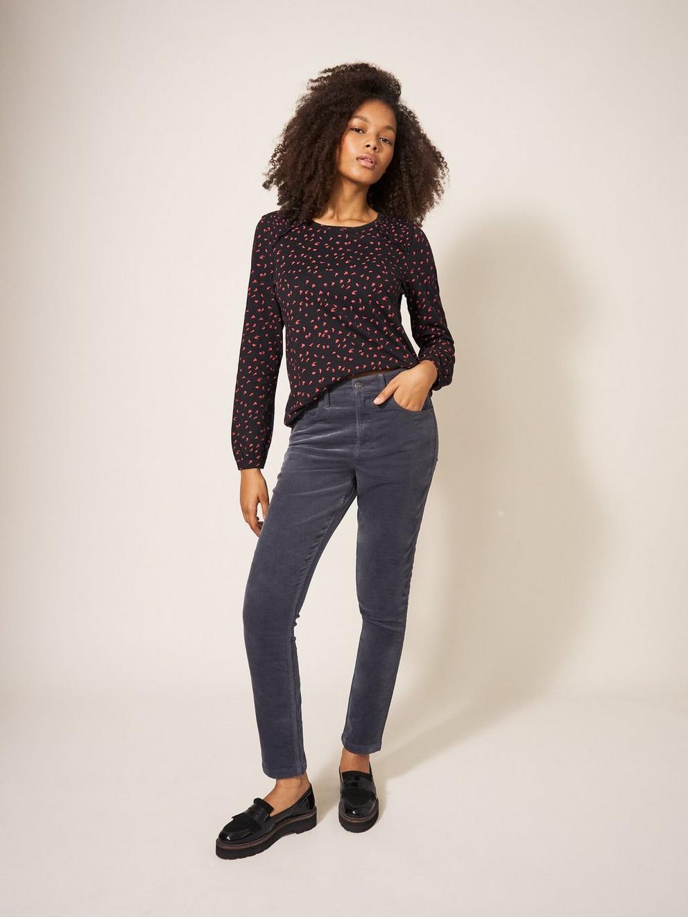 Amelia Skinny Cord Trouser in MID GREY - MODEL DETAIL