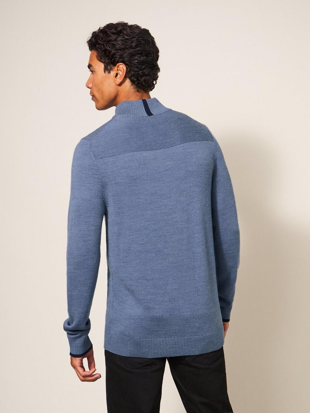 Newport Wool Merino Jumper in CHAMB BLUE - MODEL BACK