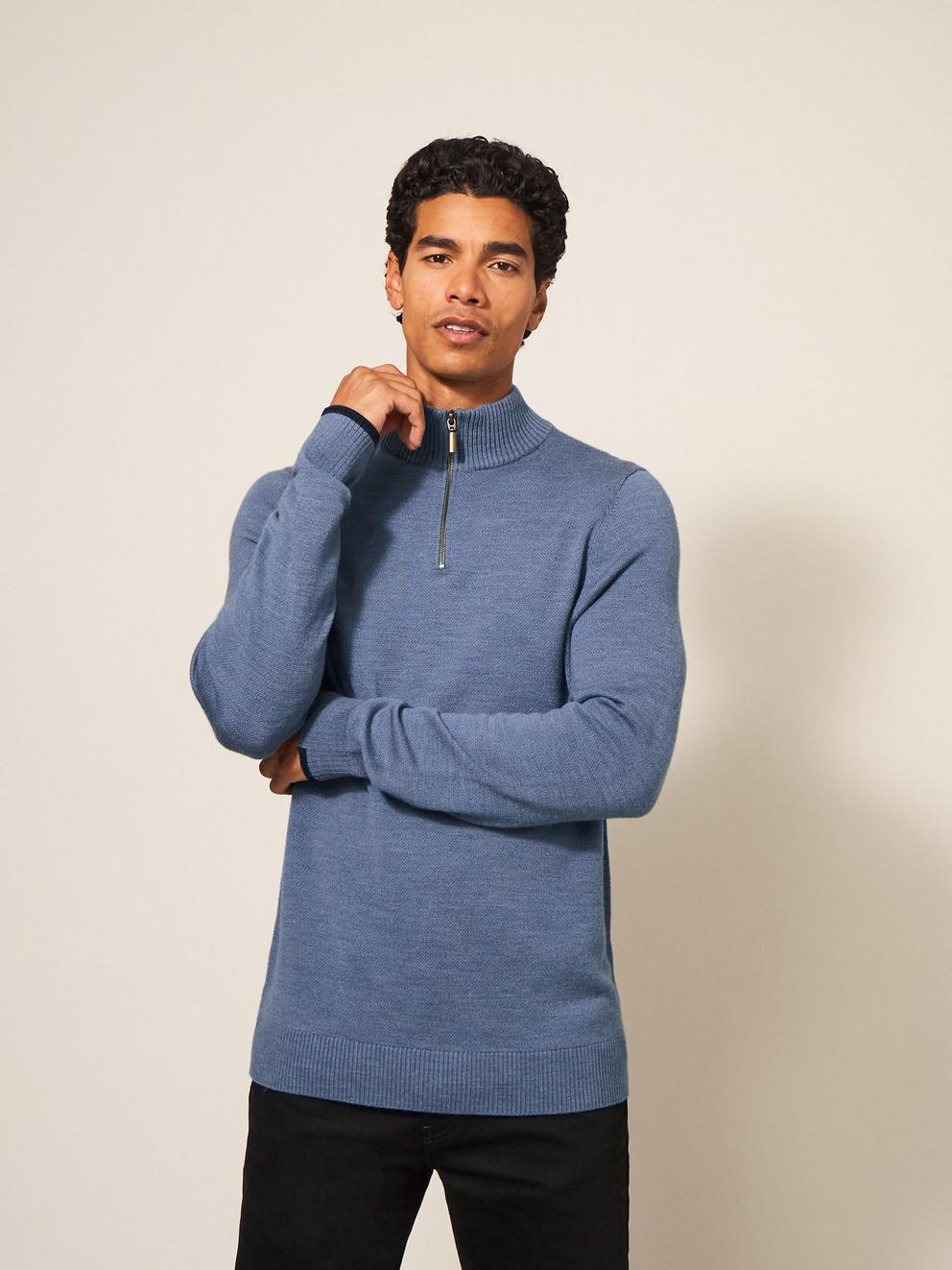 Newport Wool Merino Jumper in CHAMB BLUE - MODEL DETAIL