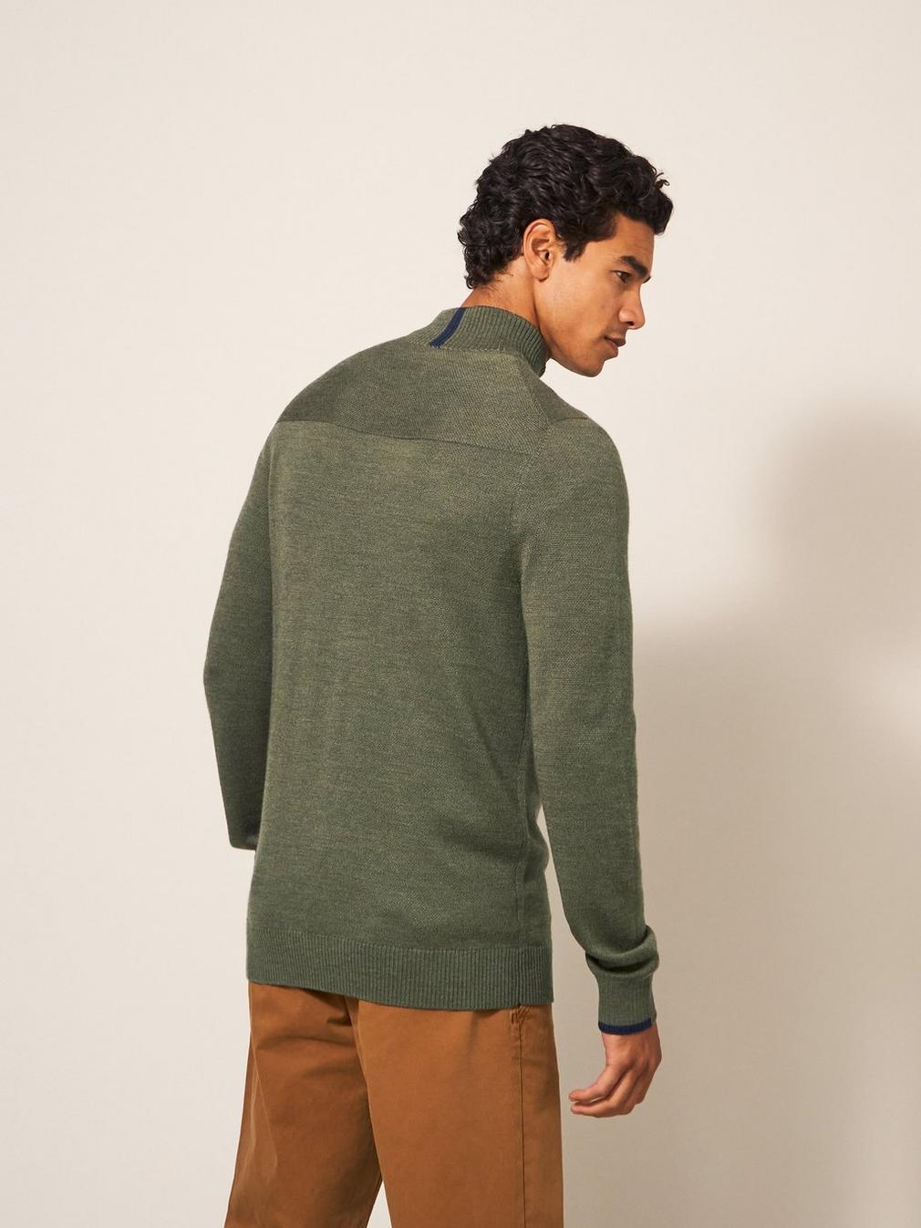 Newport Merino Jumper in KHAKI GRN - MODEL BACK