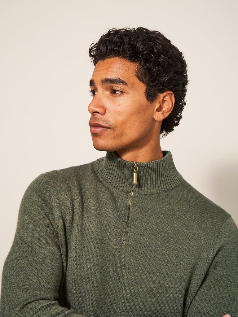 Newport Merino Jumper in KHAKI GRN - MODEL FRONT