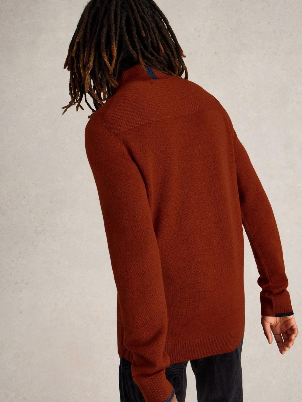 Newport Wool Merino Jumper in MID ORANGE - MODEL BACK