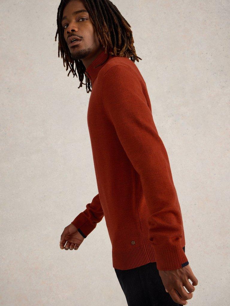 Newport Wool Merino Jumper in MID ORANGE - MODEL DETAIL