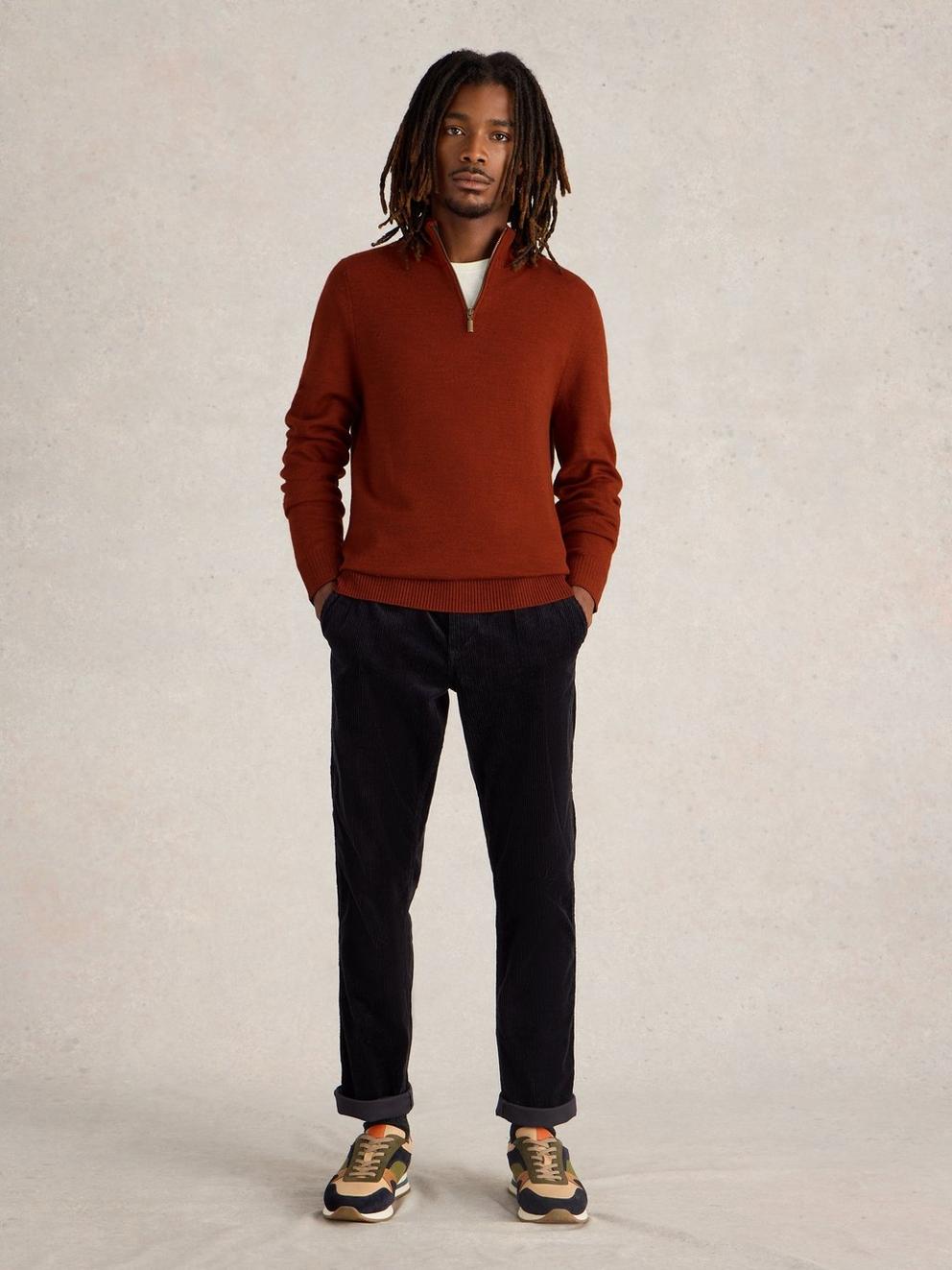 Newport Wool Merino Jumper in MID ORANGE - MODEL FRONT