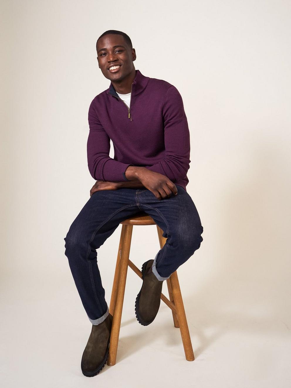 Newport Wool Merino Jumper in MID PLUM - MODEL DETAIL