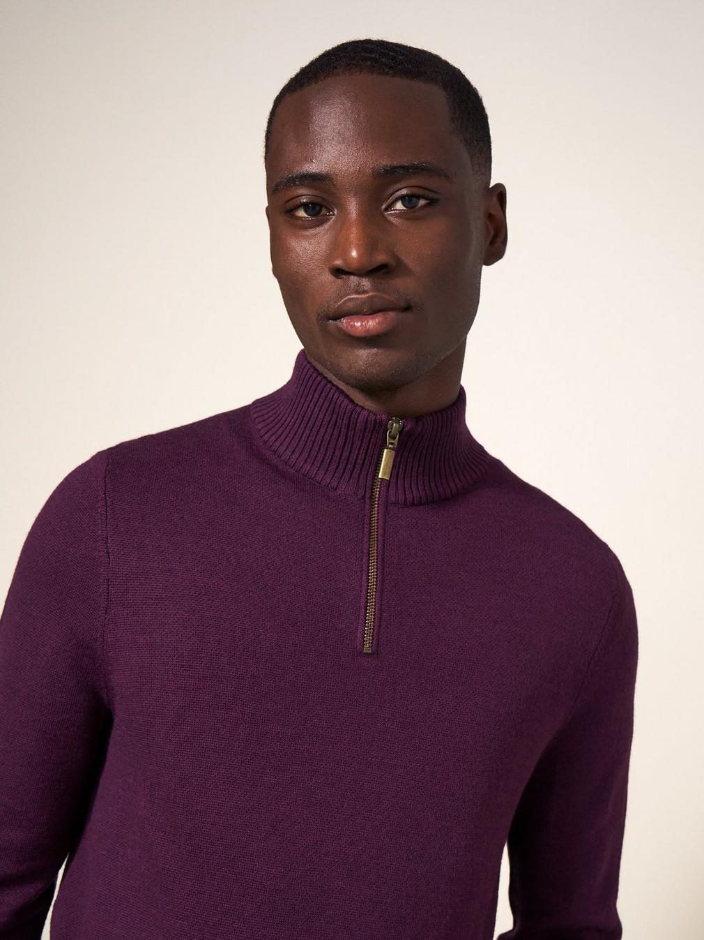 Newport Merino Jumper in MID PLUM - MODEL FRONT