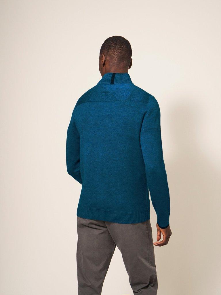 Newport Merino Jumper in MID TEAL - MODEL BACK