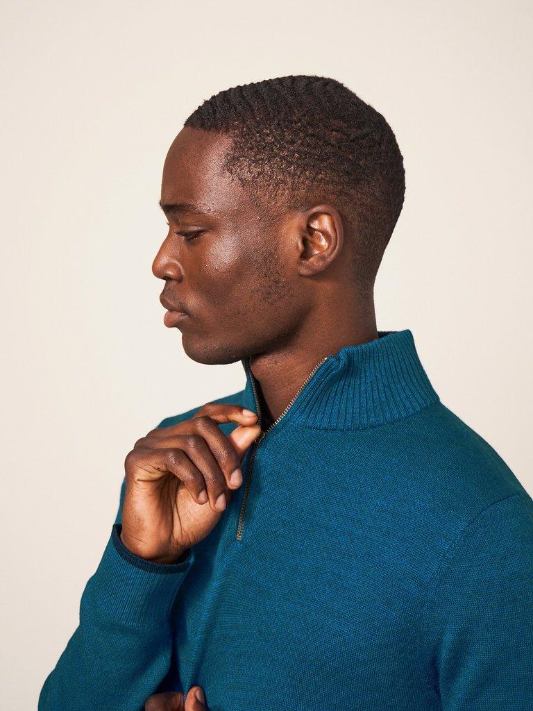 Newport Merino Jumper in MID TEAL - MODEL FRONT