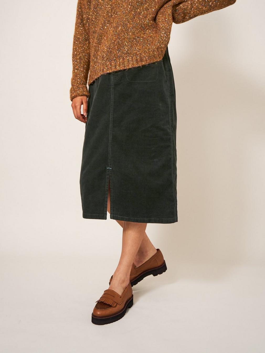 Poppy Cord Midi Skirt in KHAKI GRN - MODEL DETAIL