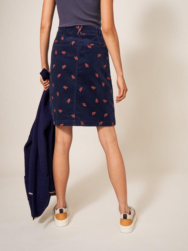 Melody Embroidered Cord Skirt in NAVY MULTI - MODEL BACK