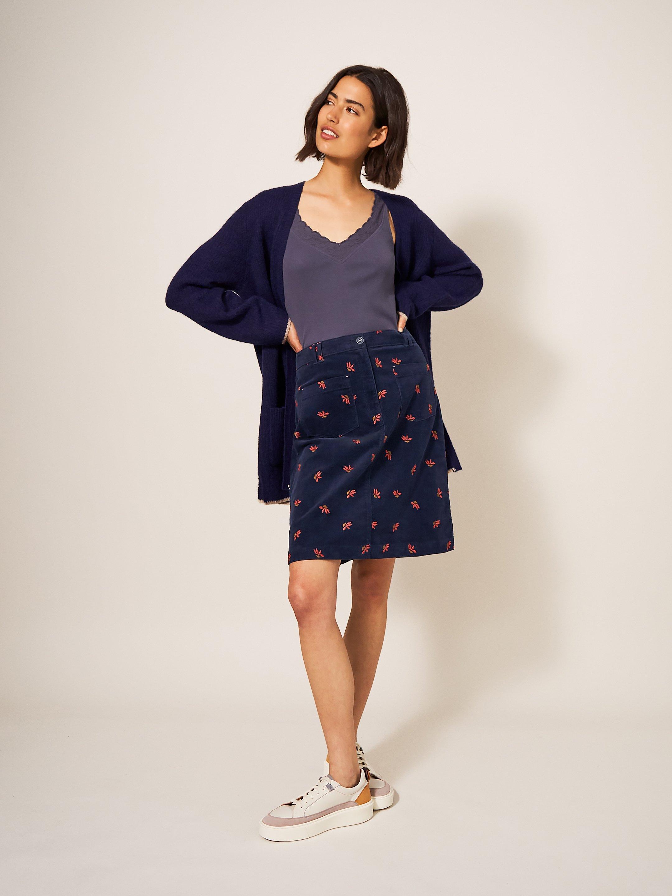 Melody Embroidered Cord Skirt in NAVY MULTI - MODEL DETAIL