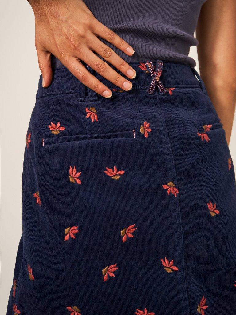 Melody Embroidered Cord Skirt in NAVY MULTI - MODEL FRONT