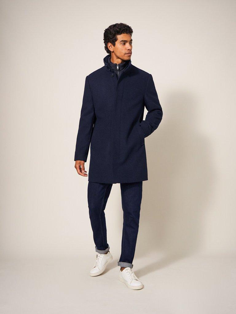 Horsholm Wool Funnel Neck Coat in DARK NAVY - MODEL DETAIL