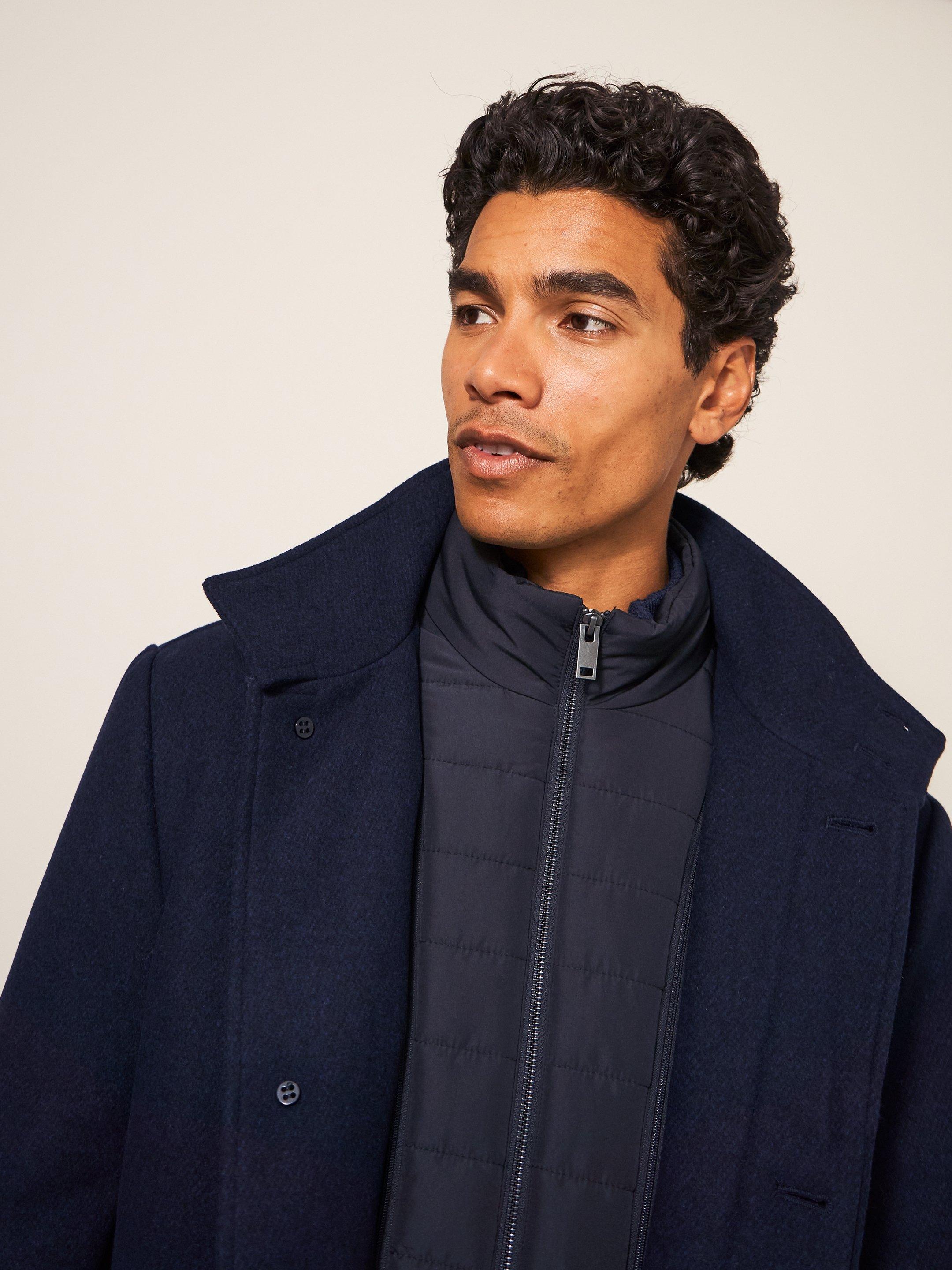 Horsholm Wool Funnel Neck Coat in DARK NAVY - MODEL FRONT