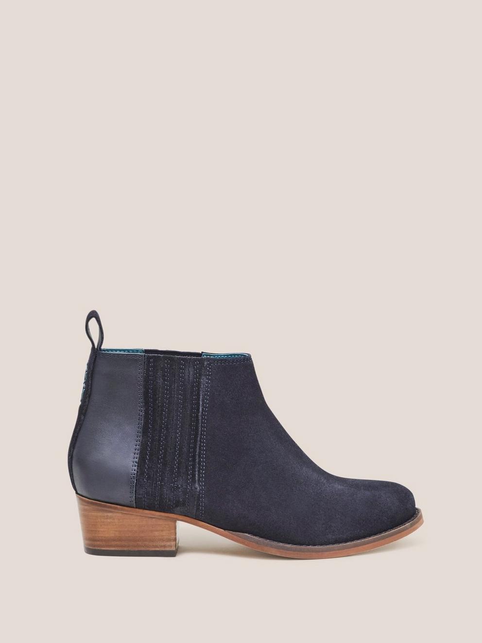 Winona Suede Ankle Boot in DARK NAVY - MODEL FRONT