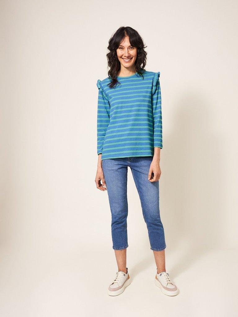Ruffle Tee in BLUE MLT - MODEL FRONT