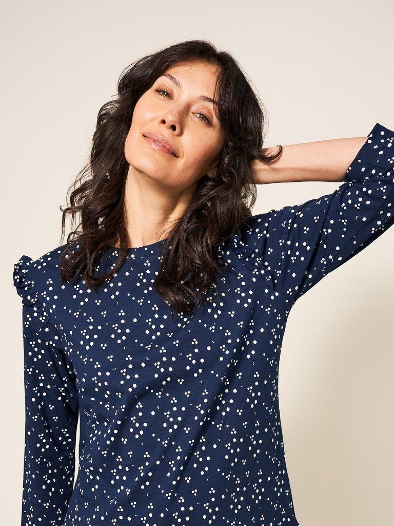 Ruffle Tee in NAVY MULTI - MODEL DETAIL