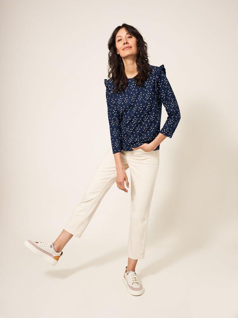 Ruffle Tee in NAVY MULTI - MODEL FRONT