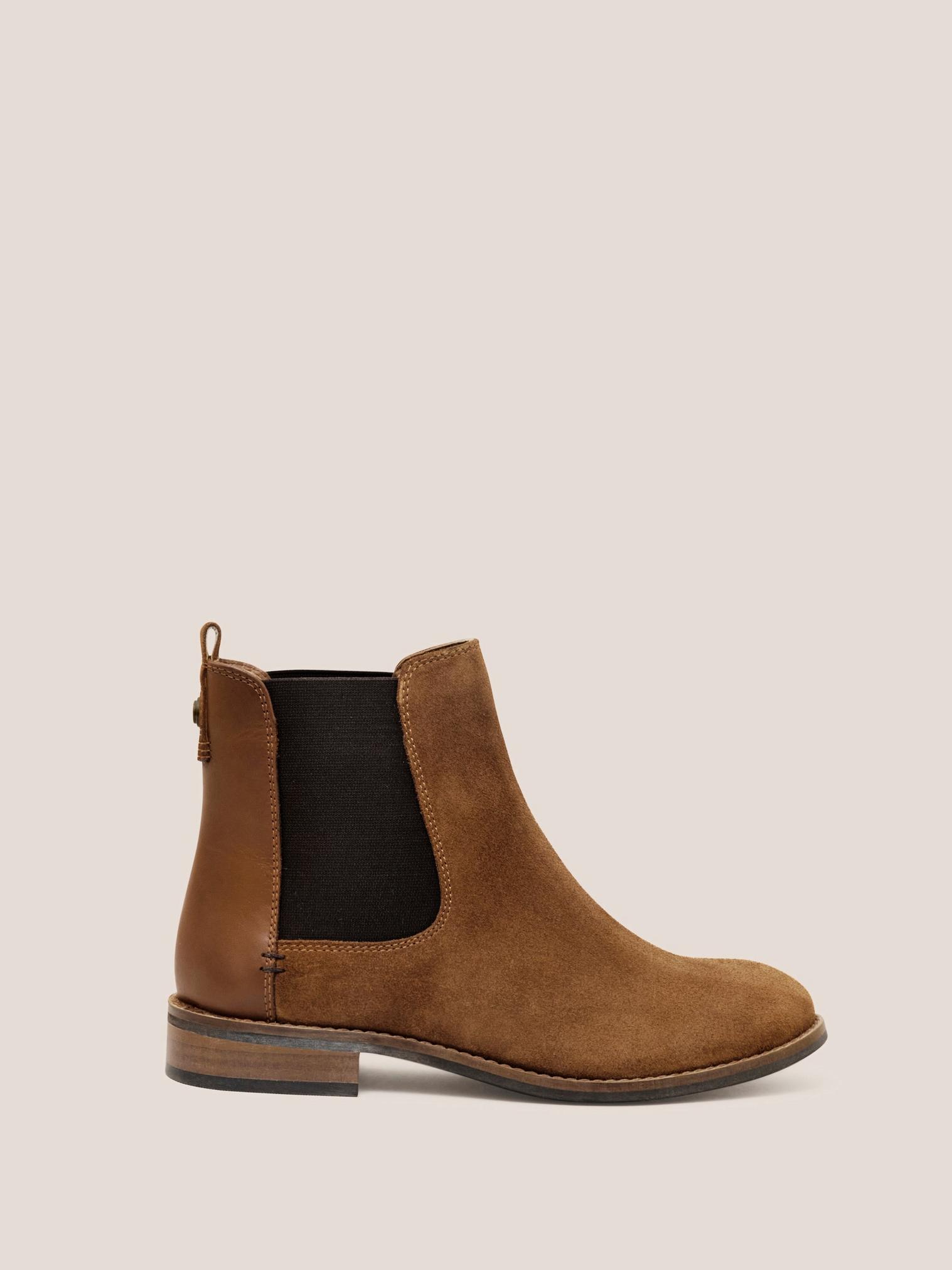 Frankie Suede Chelsea Boot in MID TAN - MODEL FRONT