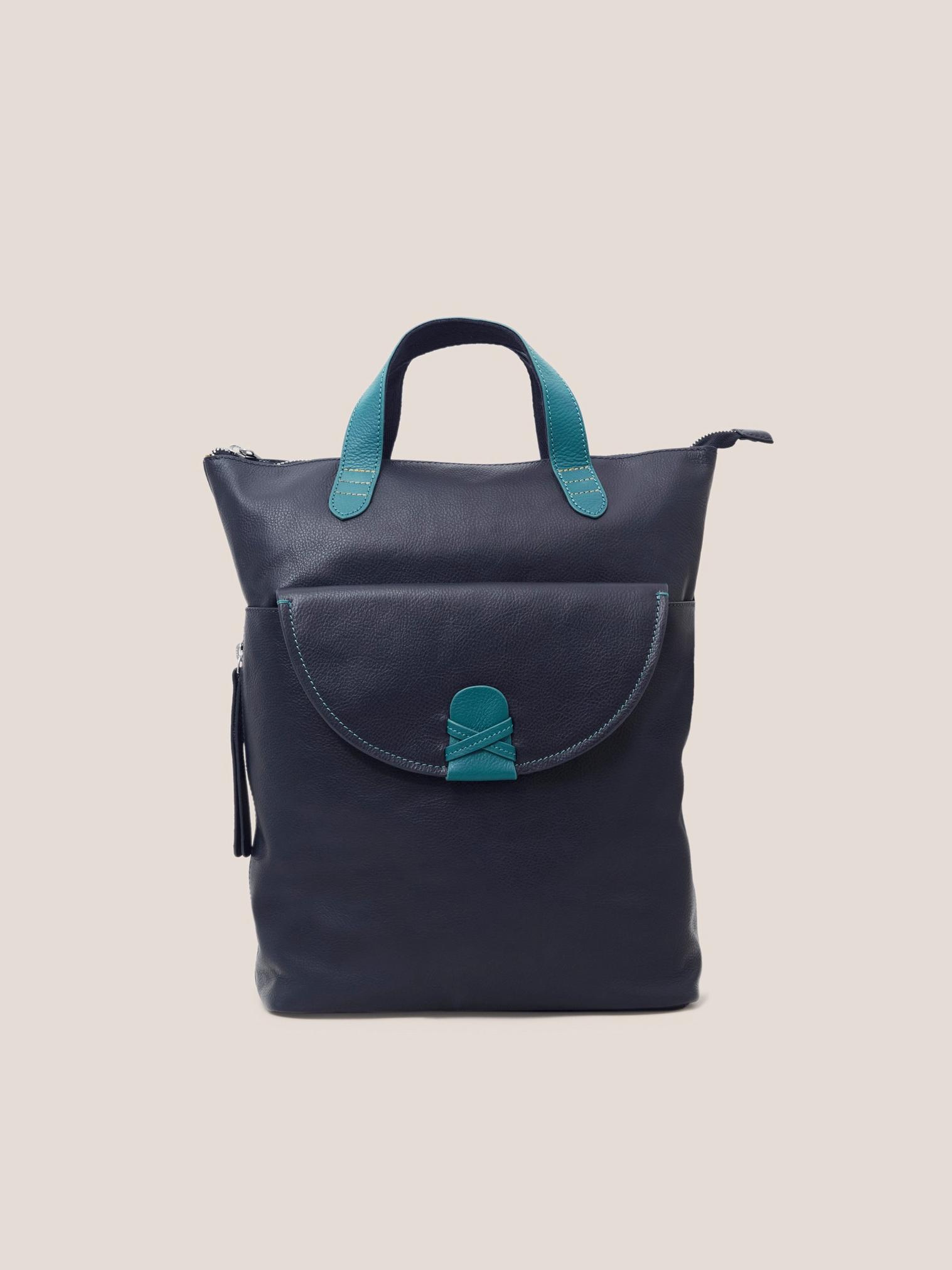 Flossy Convertible Leather Bag in NAVY MULTI - MODEL FRONT