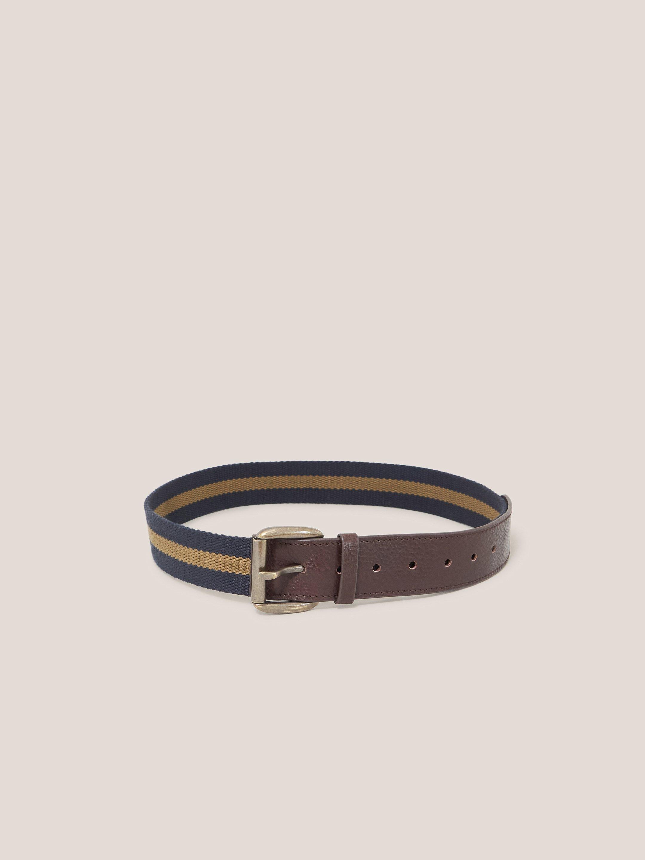 Canvas Leather Belt in NAVY MULTI - MODEL FRONT