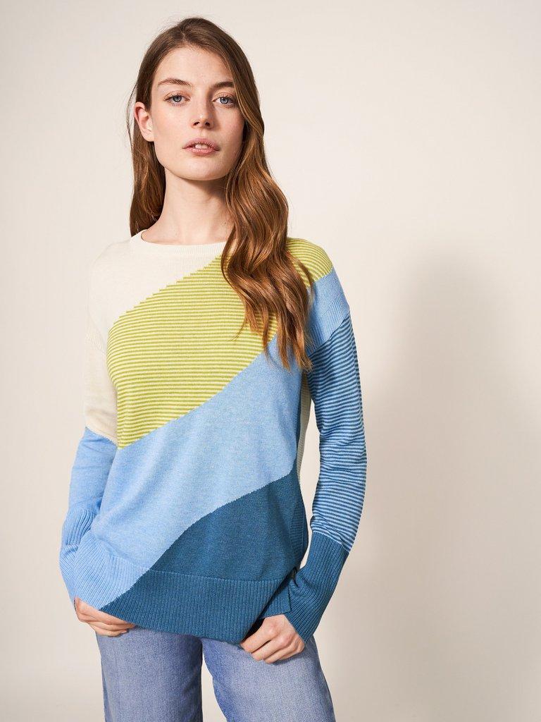 OLIVE ABSTRACT JUMPER  in BLUE MLT - MODEL FRONT