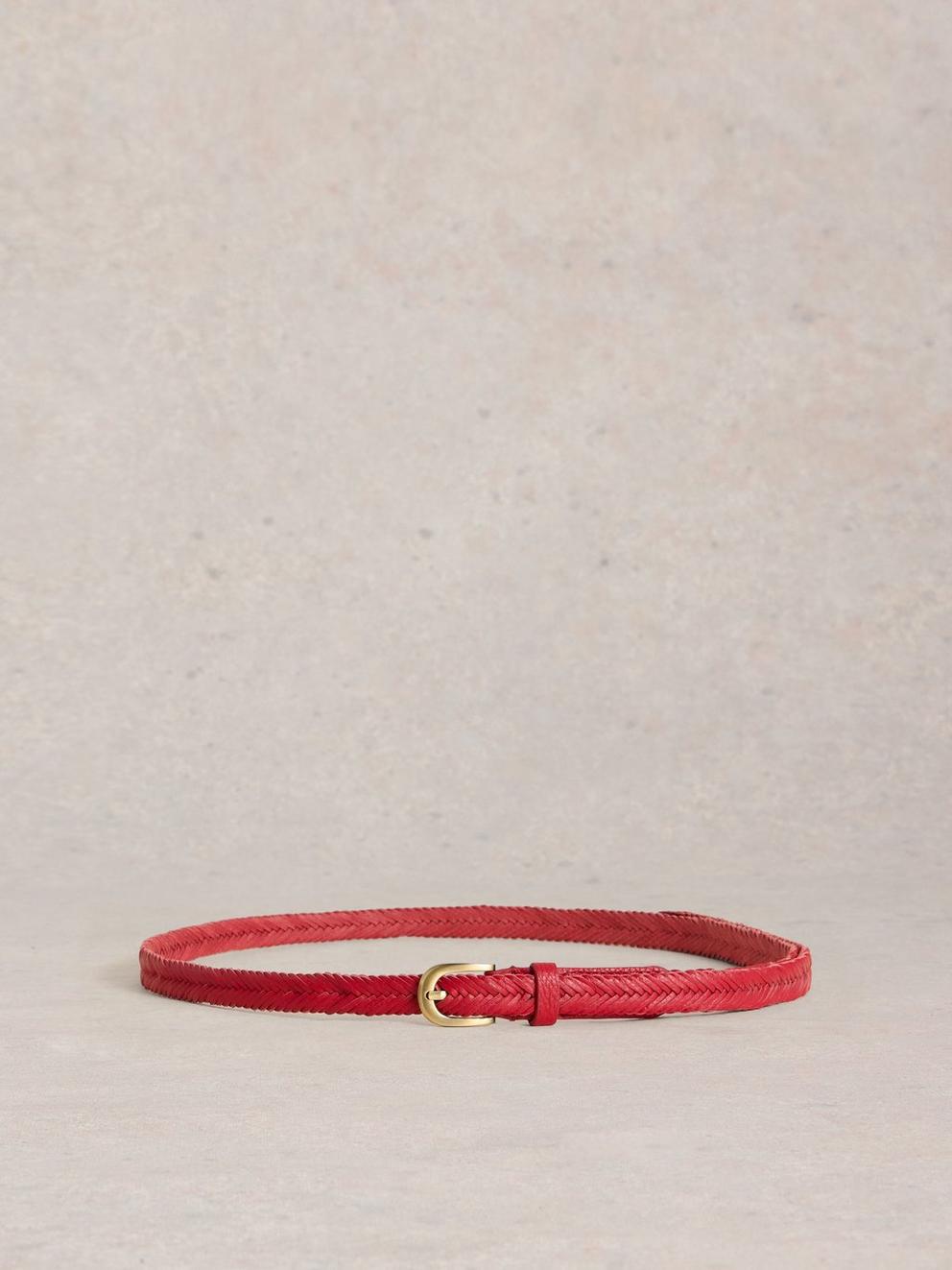 Plaited Leather Skinny Belt in MID RED - FLAT BACK